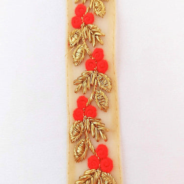 Beige Net Lace Trim With Beautiful Red / Beige And Gold Floral Embroidery, Embroidered Lace, Approx. 30mm wide
